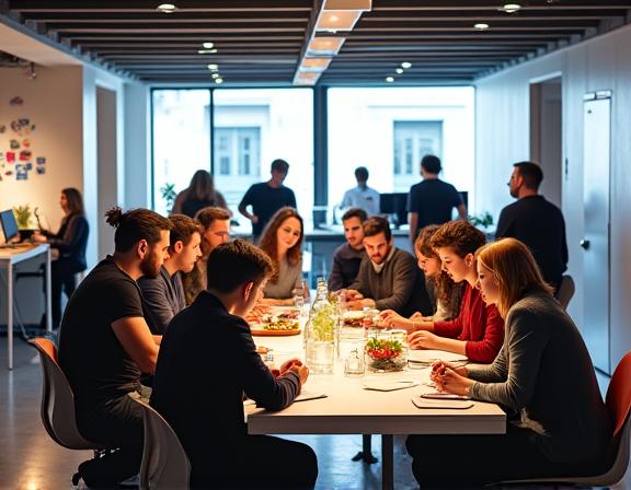 L'équipe de Cuisine Éclat dans leurs bureaux modernes et collaboratifs à Lyon, travaillant avec passion.